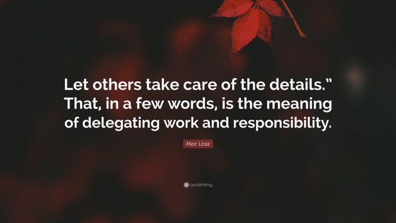 Meir Liraz Quote: “Let others take care of the details.” That, in a few words, is the meaning of delegating work and responsibility.”