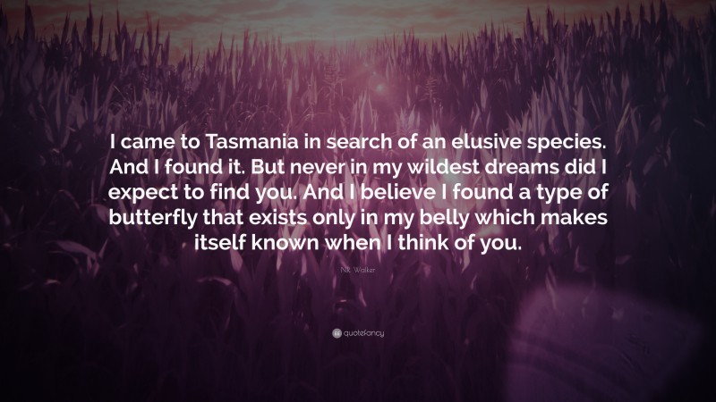N.R. Walker Quote: “I came to Tasmania in search of an elusive species. And I found it. But never in my wildest dreams did I expect to find you. And I believe I found a type of butterfly that exists only in my belly which makes itself known when I think of you.”