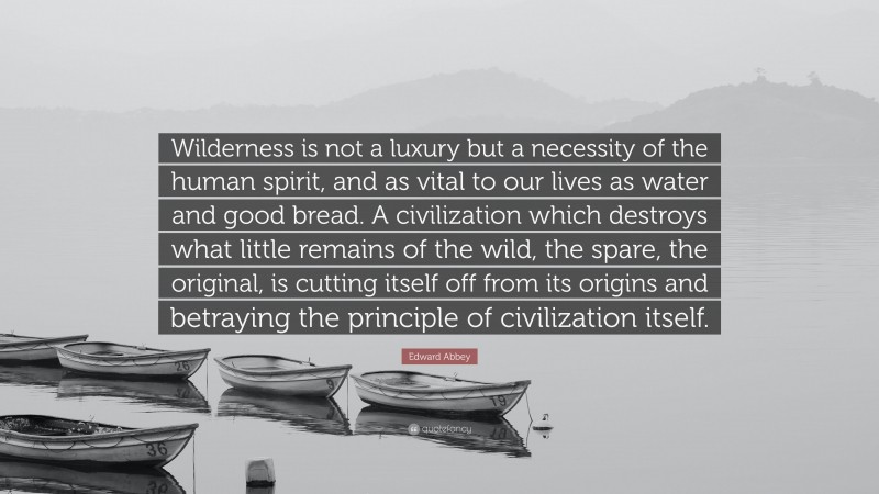 Edward Abbey Quote: “Wilderness is not a luxury but a necessity of the human spirit, and as vital to our lives as water and good bread. A civilization which destroys what little remains of the wild, the spare, the original, is cutting itself off from its origins and betraying the principle of civilization itself.”