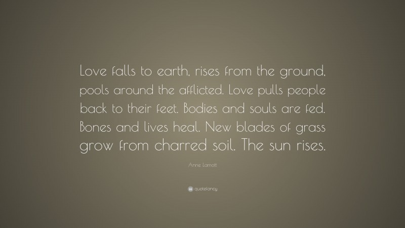 Anne Lamott Quote: “Love falls to earth, rises from the ground, pools around the afflicted. Love pulls people back to their feet. Bodies and souls are fed. Bones and lives heal. New blades of grass grow from charred soil. The sun rises.”