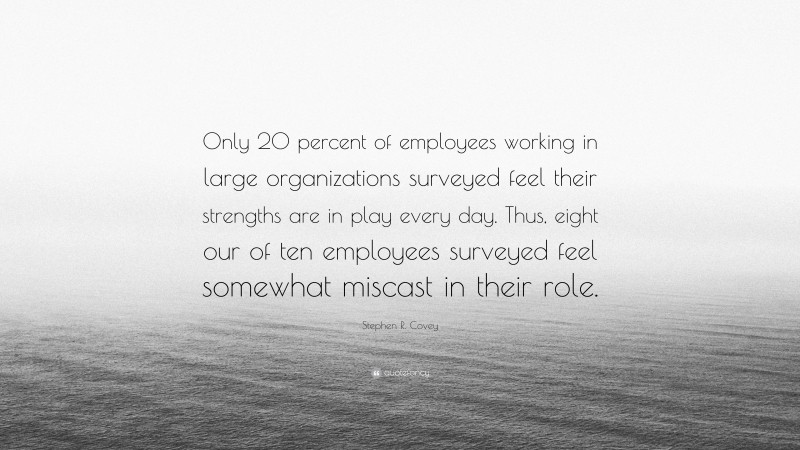 Stephen R. Covey Quote: “Only 20 percent of employees working in large organizations surveyed feel their strengths are in play every day. Thus, eight our of ten employees surveyed feel somewhat miscast in their role.”