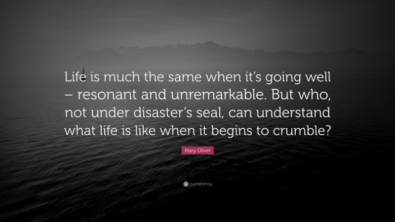 Mary Oliver Quote: “Life is much the same when it’s going well – resonant and unremarkable. But who, not under disaster’s seal, can understand what life is like when it begins to crumble?”