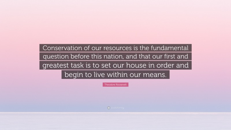 Theodore Roosevelt Quote: “Conservation of our resources is the fundamental question before this nation, and that our first and greatest task is to set our house in order and begin to live within our means.”