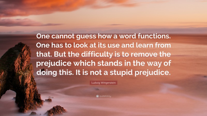 Ludwig Wittgenstein Quote: “One cannot guess how a word functions. One has to look at its use and learn from that. But the difficulty is to remove the prejudice which stands in the way of doing this. It is not a stupid prejudice.”