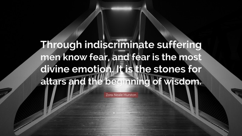 Zora Neale Hurston Quote: “Through indiscriminate suffering men know fear, and fear is the most divine emotion. It is the stones for altars and the beginning of wisdom.”