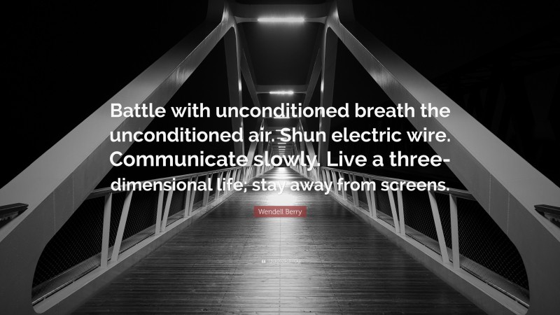 Wendell Berry Quote: “Battle with unconditioned breath the unconditioned air. Shun electric wire. Communicate slowly. Live a three-dimensional life; stay away from screens.”
