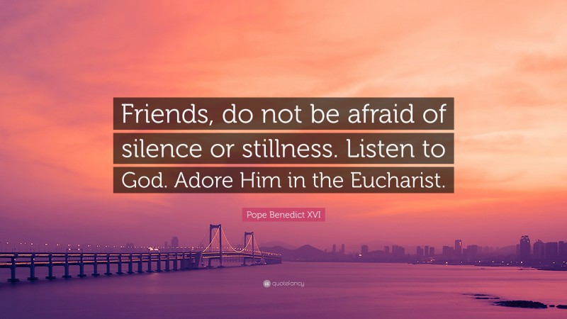 Pope Benedict XVI Quote: “Friends, do not be afraid of silence or stillness. Listen to God. Adore Him in the Eucharist.”