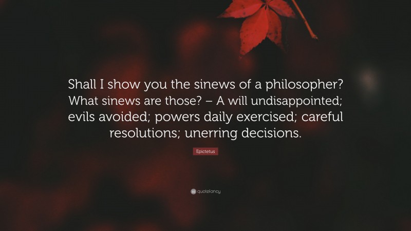 Epictetus Quote: “Shall I show you the sinews of a philosopher? What sinews are those? – A will undisappointed; evils avoided; powers daily exercised; careful resolutions; unerring decisions.”