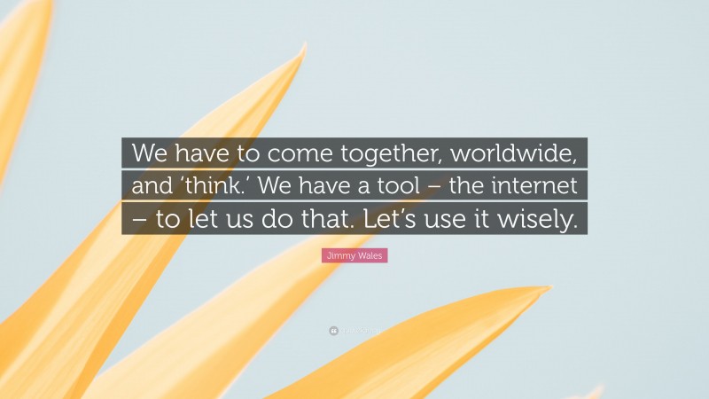Jimmy Wales Quote: “We have to come together, worldwide, and ‘think.’ We have a tool – the internet – to let us do that. Let’s use it wisely.”