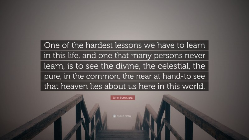 John Burroughs Quote: “One of the hardest lessons we have to learn in this life, and one that many persons never learn, is to see the divine, the celestial, the pure, in the common, the near at hand-to see that heaven lies about us here in this world.”