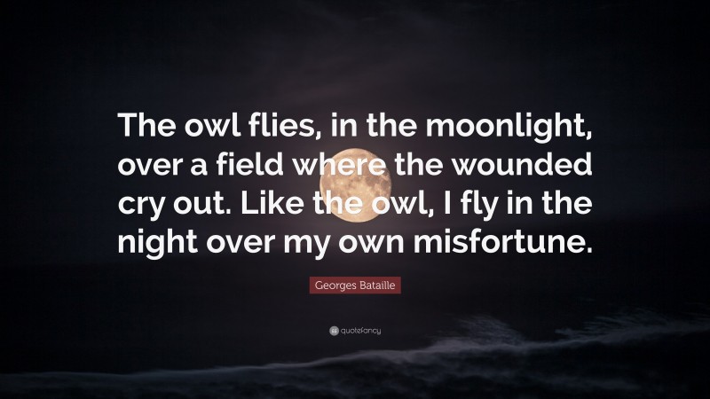 Georges Bataille Quote: “The owl flies, in the moonlight, over a field where the wounded cry out. Like the owl, I fly in the night over my own misfortune.”