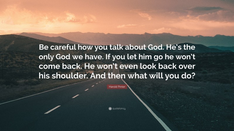Harold Pinter Quote: “Be careful how you talk about God. He’s the only God we have. If you let him go he won’t come back. He won’t even look back over his shoulder. And then what will you do?”