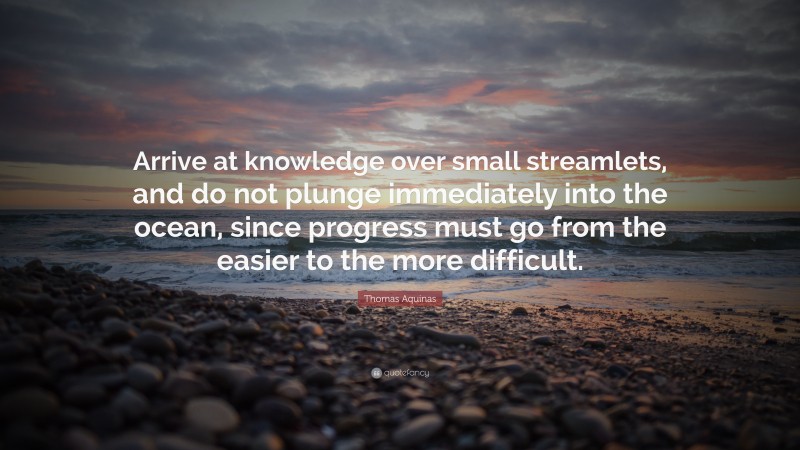 Thomas Aquinas Quote: “Arrive at knowledge over small streamlets, and do not plunge immediately into the ocean, since progress must go from the easier to the more difficult.”