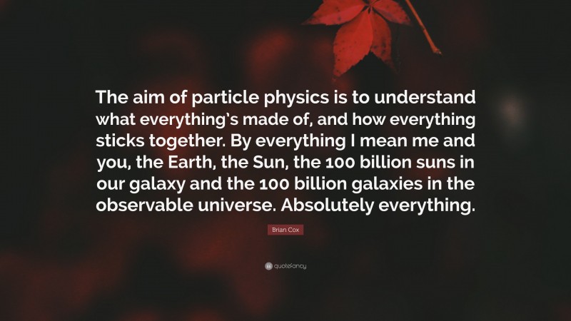 Brian Cox Quote: “The aim of particle physics is to understand what everything’s made of, and how everything sticks together. By everything I mean me and you, the Earth, the Sun, the 100 billion suns in our galaxy and the 100 billion galaxies in the observable universe. Absolutely everything.”