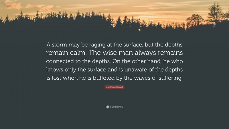 Matthieu Ricard Quote: “A storm may be raging at the surface, but the depths remain calm. The wise man always remains connected to the depths. On the other hand, he who knows only the surface and is unaware of the depths is lost when he is buffeted by the waves of suffering.”