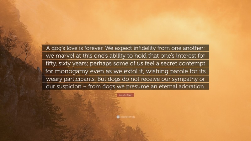 Jennifer Egan Quote: “A dog’s love is forever. We expect infidelity from one another; we marvel at this one’s ability to hold that one’s interest for fifty, sixty years; perhaps some of us feel a secret contempt for monogamy even as we extol it, wishing parole for its weary participants. But dogs do not receive our sympathy or our suspicion – from dogs we presume an eternal adoration.”