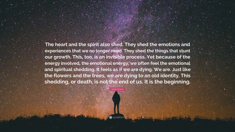 Iyanla Vanzant Quote: “The heart and the spirit also shed. They shed the emotions and experiences that we no longer need. They shed the things that stunt our growth. This, too, is an invisible process. Yet because of the energy involved, the emotional energy, we often feel the emotional and spiritual shedding. It feels as if we are dying. We are. Just like the flowers and the trees, we are dying to an old identity. This shedding, or death, is not the end of us. It is the beginning.”