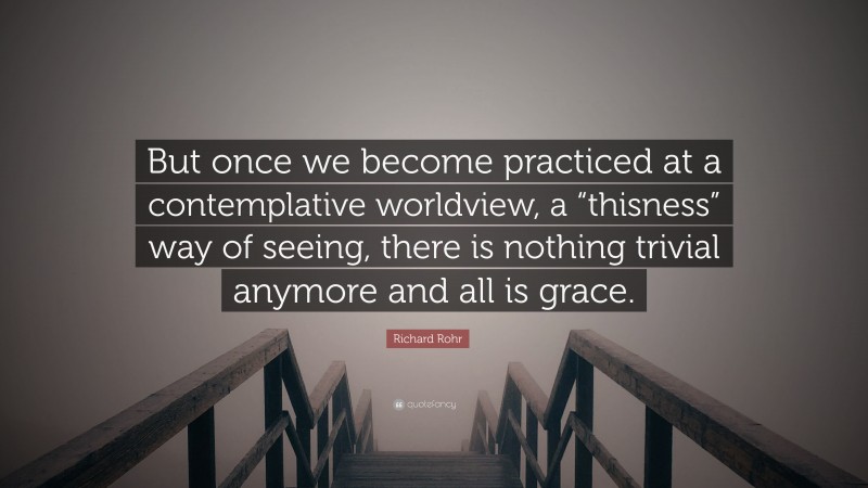 Richard Rohr Quote: “But once we become practiced at a contemplative worldview, a “thisness” way of seeing, there is nothing trivial anymore and all is grace.”