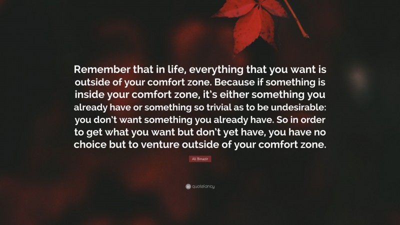 Ali Binazir Quote: “Remember that in life, everything that you want is outside of your comfort zone. Because if something is inside your comfort zone, it’s either something you already have or something so trivial as to be undesirable: you don’t want something you already have. So in order to get what you want but don’t yet have, you have no choice but to venture outside of your comfort zone.”