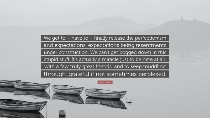 Anne Lamott Quote: “We get to – have to – finally release the perfectionism and expectations, expectations being resentments under construction. We can’t get bogged down in this stupid stuff. It’s actually a miracle just to be here at all, with a few truly great friends, and to keep muddling through, grateful if not sometimes perplexed.”