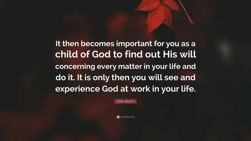 Gbile Akanni Quote: “It then becomes important for you as a child of God to find out His will concerning every matter in your life and do it. It is only then you will see and experience God at work in your life.”
