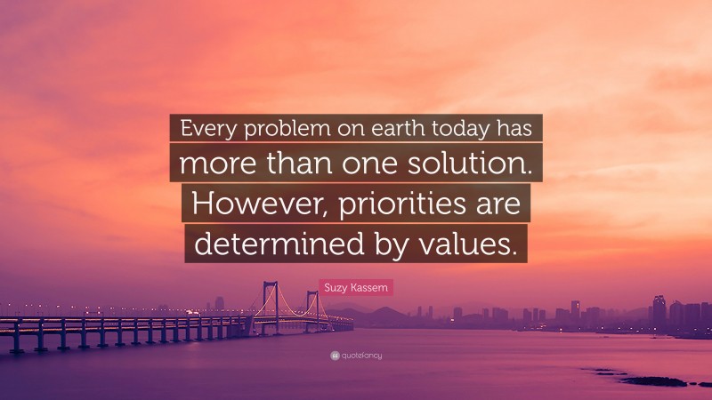 Suzy Kassem Quote: “Every problem on earth today has more than one solution. However, priorities are determined by values.”