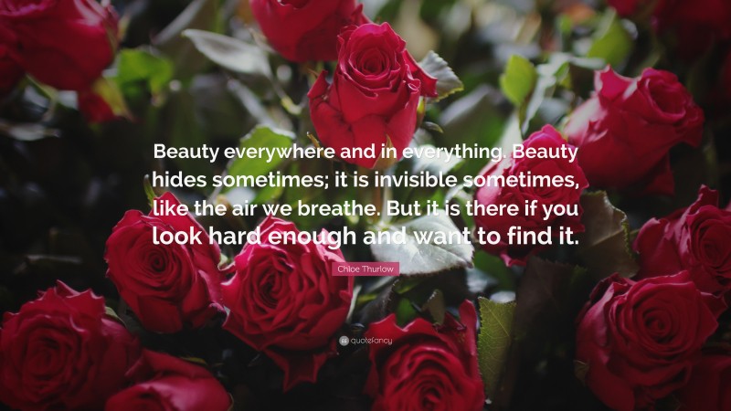 Chloe Thurlow Quote: “Beauty everywhere and in everything. Beauty hides sometimes; it is invisible sometimes, like the air we breathe. But it is there if you look hard enough and want to find it.”