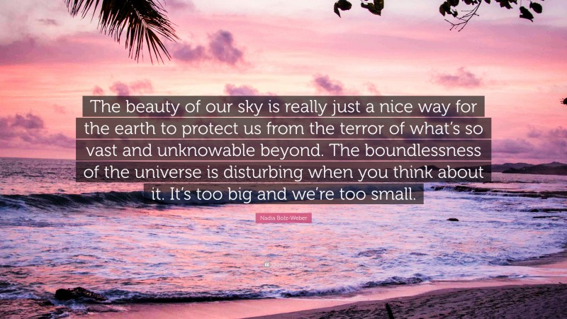 Nadia Bolz-Weber Quote: “The beauty of our sky is really just a nice way for the earth to protect us from the terror of what’s so vast and unknowable beyond. The boundlessness of the universe is disturbing when you think about it. It’s too big and we’re too small.”