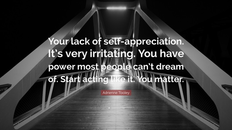 Adrienne Tooley Quote: “Your lack of self-appreciation. It’s very irritating. You have power most people can’t dream of. Start acting like it. You matter.”