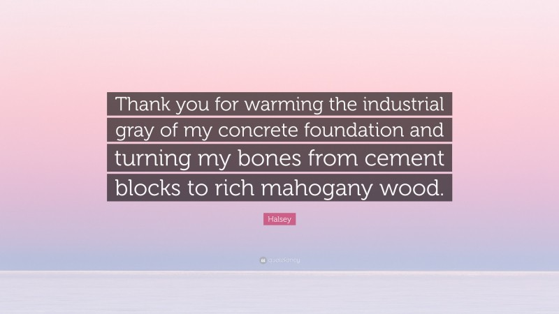 Halsey Quote: “Thank you for warming the industrial gray of my concrete foundation and turning my bones from cement blocks to rich mahogany wood.”