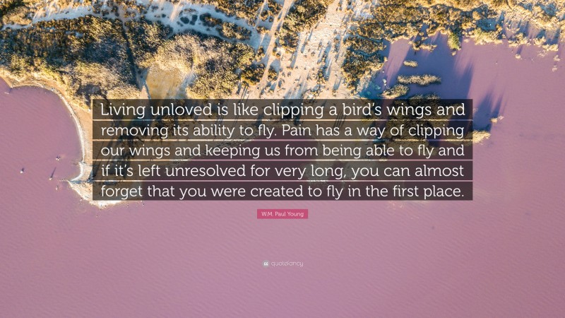 W.M. Paul Young Quote: “Living unloved is like clipping a bird’s wings and removing its ability to fly. Pain has a way of clipping our wings and keeping us from being able to fly and if it’s left unresolved for very long, you can almost forget that you were created to fly in the first place.”