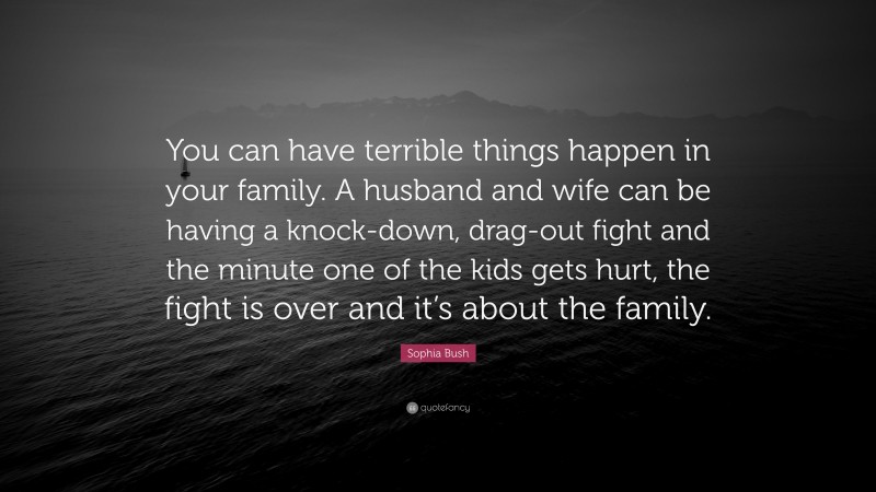 Sophia Bush Quote: “You can have terrible things happen in your family. A husband and wife can be having a knock-down, drag-out fight and the minute one of the kids gets hurt, the fight is over and it’s about the family.”