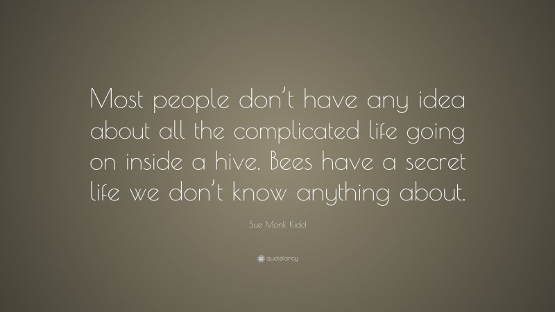 Sue Monk Kidd Quote: “Most people don’t have any idea about all the complicated life going on inside a hive. Bees have a secret life we don’t know anything about.”