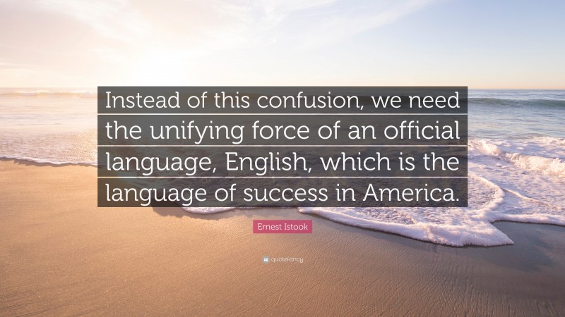 Ernest Istook Quote: “Instead of this confusion, we need the unifying force of an official language, English, which is the language of success in America.”