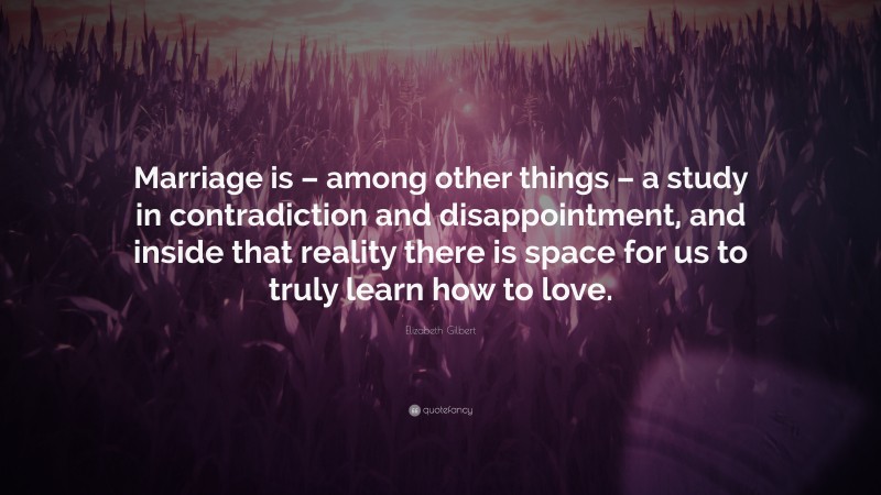 Elizabeth Gilbert Quote: “Marriage is – among other things – a study in contradiction and disappointment, and inside that reality there is space for us to truly learn how to love.”