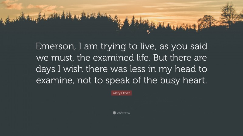 Mary Oliver Quote: “Emerson, I am trying to live, as you said we must, the examined life. But there are days I wish there was less in my head to examine, not to speak of the busy heart.”