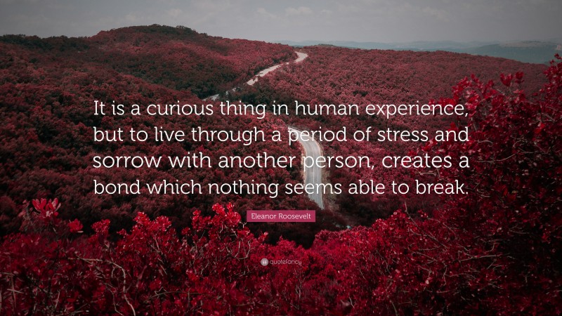 Eleanor Roosevelt Quote: “It is a curious thing in human experience, but to live through a period of stress and sorrow with another person, creates a bond which nothing seems able to break.”