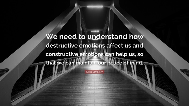 Dalai Lama XIV Quote: “We need to understand how destructive emotions affect us and constructive emotions can help us, so that we can maintain our peace of mind.”