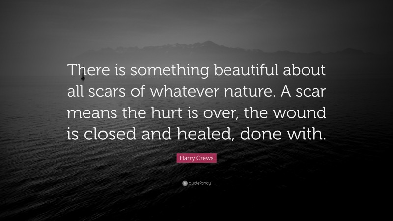 Harry Crews Quote: “There is something beautiful about all scars of whatever nature. A scar means the hurt is over, the wound is closed and healed, done with.”
