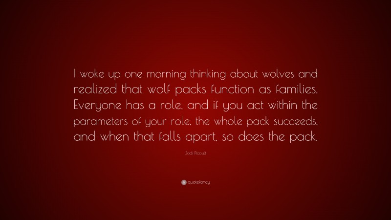 Jodi Picoult Quote: “I woke up one morning thinking about wolves and realized that wolf packs function as families. Everyone has a role, and if you act within the parameters of your role, the whole pack succeeds, and when that falls apart, so does the pack.”