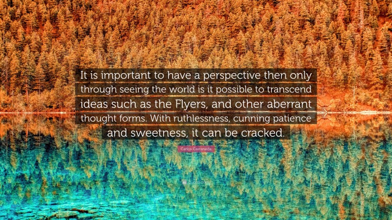 Carlos Castaneda Quote: “It is important to have a perspective then only through seeing the world is it possible to transcend ideas such as the Flyers, and other aberrant thought forms. With ruthlessness, cunning patience and sweetness, it can be cracked.”