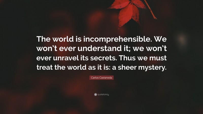 Carlos Castaneda Quote: “The world is incomprehensible. We won’t ever understand it; we won’t ever unravel its secrets. Thus we must treat the world as it is: a sheer mystery.”