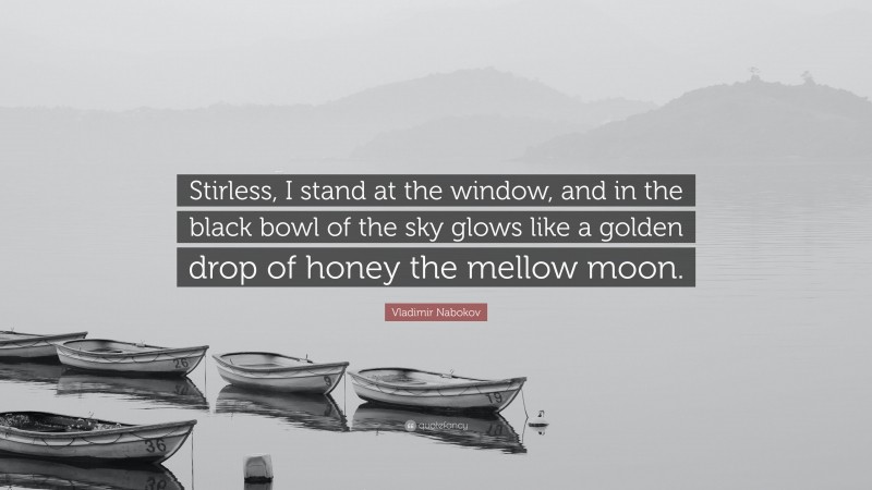 Vladimir Nabokov Quote: “Stirless, I stand at the window, and in the black bowl of the sky glows like a golden drop of honey the mellow moon.”