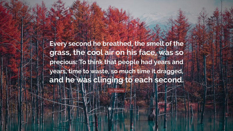 J.K. Rowling Quote: “Every second he breathed, the smell of the grass, the cool air on his face, was so precious: To think that people had years and years, time to waste, so much time it dragged, and he was clinging to each second.”