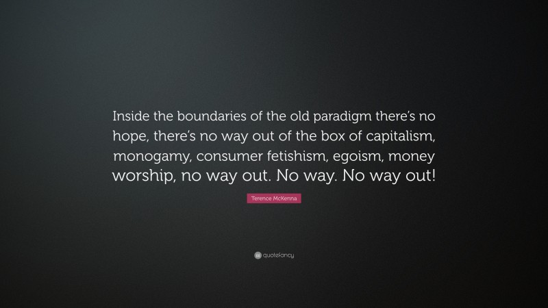 Terence McKenna Quote: “Inside the boundaries of the old paradigm there’s no hope, there’s no way out of the box of capitalism, monogamy, consumer fetishism, egoism, money worship, no way out. No way. No way out!”