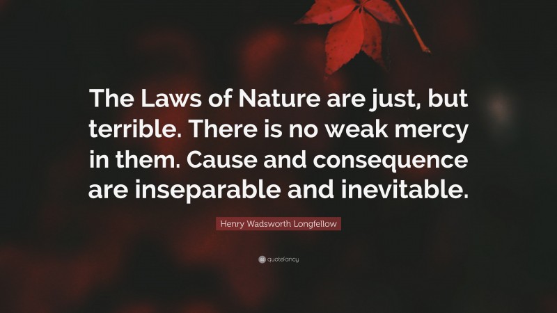 Henry Wadsworth Longfellow Quote: “The Laws of Nature are just, but terrible. There is no weak mercy in them. Cause and consequence are inseparable and inevitable.”