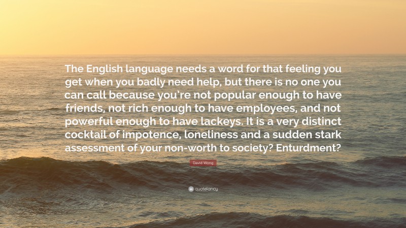 David Wong Quote: “The English language needs a word for that feeling you get when you badly need help, but there is no one you can call because you’re not popular enough to have friends, not rich enough to have employees, and not powerful enough to have lackeys. It is a very distinct cocktail of impotence, loneliness and a sudden stark assessment of your non-worth to society? Enturdment?”
