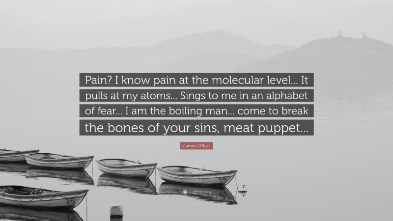 James O'Barr Quote: “Pain? I know pain at the molecular level... It pulls at my atoms... Sings to me in an alphabet of fear... I am the boiling man... come to break the bones of your sins, meat puppet...”