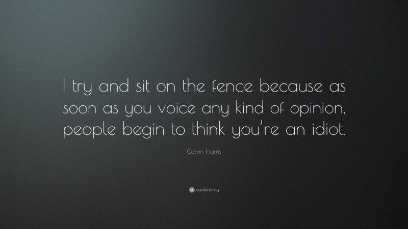 Calvin Harris Quote: “I try and sit on the fence because as soon as you voice any kind of opinion, people begin to think you’re an idiot.”