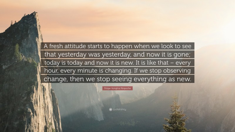Dzigar Kongtrul Rinpoche Quote: “A fresh attitude starts to happen when we look to see that yesterday was yesterday, and now it is gone; today is today and now it is new. It is like that – every hour, every minute is changing. If we stop observing change, then we stop seeing everything as new.”